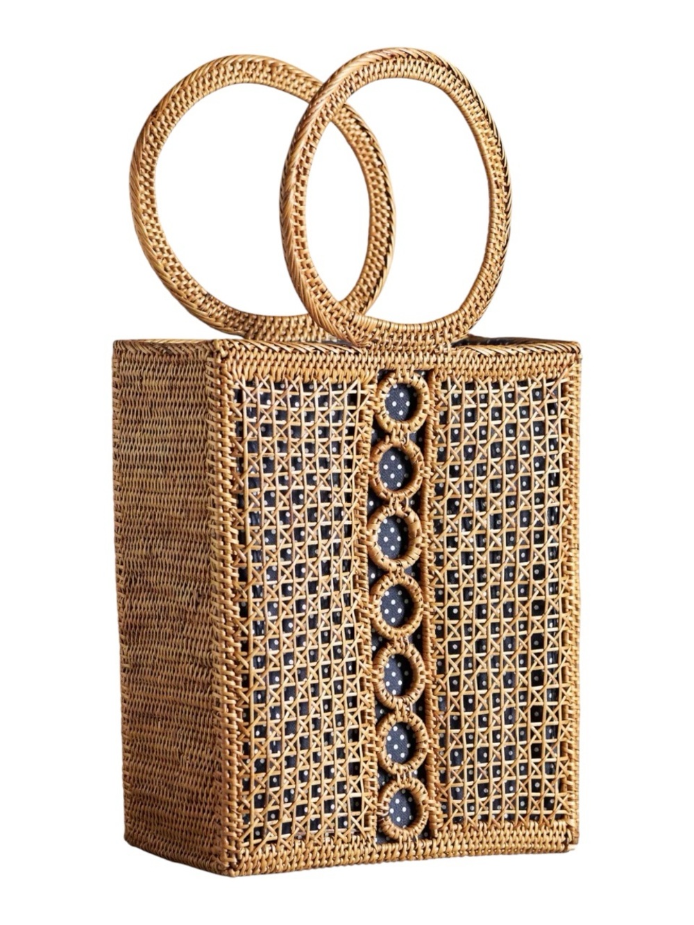 Anthropologie Bali Woven Rattan Tote Bag Navy Polka Dot Lining NWOT Straw - Picture 2 of 6